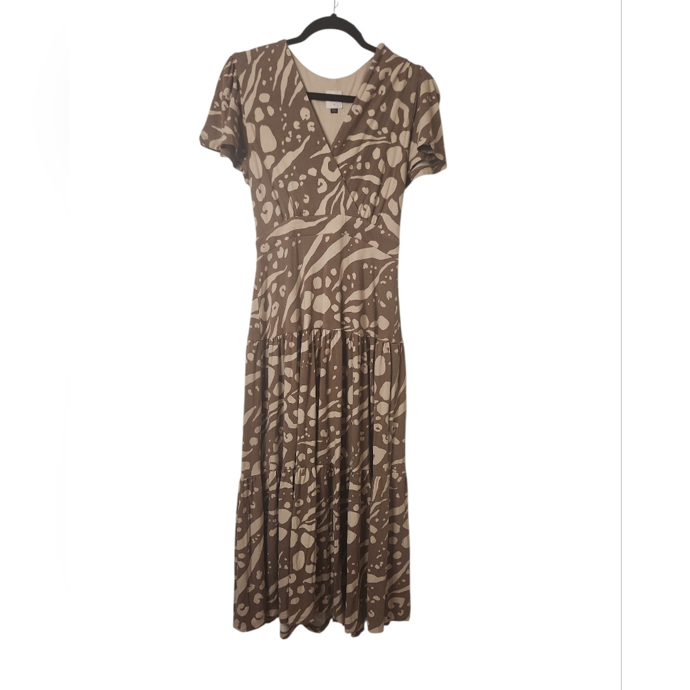 CAbi Swoon Women's Tan/Cream Geometric Patterned Tiered CottageCore Dress Size S